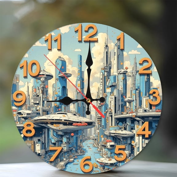 Futuristic Cityscape Clock Wall Art Decor 10-Inch Silent Wooden Wall Clock, Battery Operated (AA Batteries Not Included), Artistic Home Decor