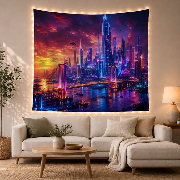 Futuristic Cityscape At With Dusk, Mystical Fantasy for Space Lovers, Galaxy Room Decor Room Accent, Housewarming Gift, Tapestry Wall Hanging for Bedroom and Dorm