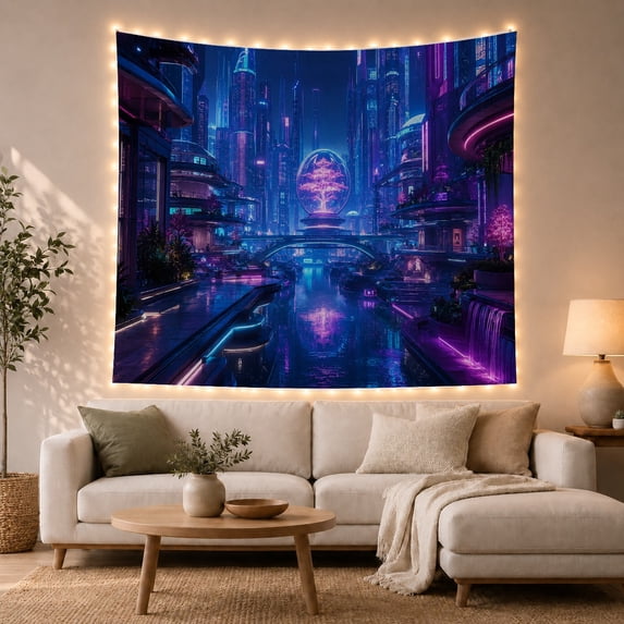 Futuristic Cityscape with a Glowing Pink Dome on Water, Dramatic Digital Art for Anime Fans, Sci-Fi Wall Art Decor, Housewarming Gift Tapestry Wall Hanging for Gaming Room and Bedroom