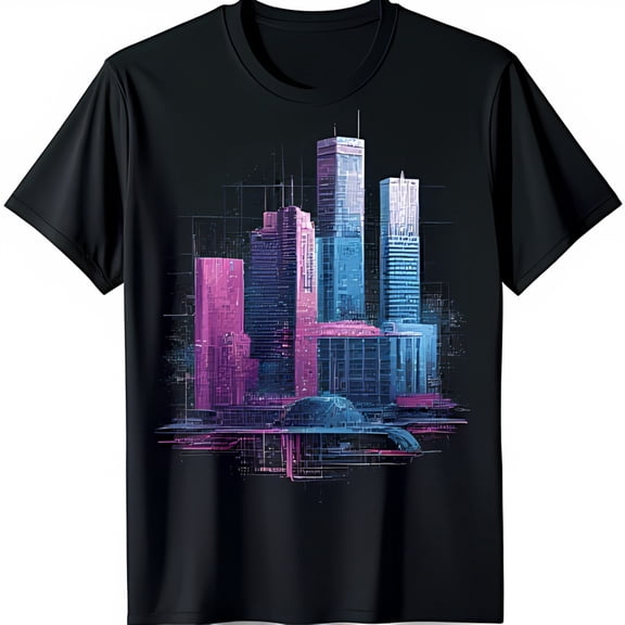 Futuristic Cityscape Graphic Black T-Shirt Digital Art Design in Blue & Pink