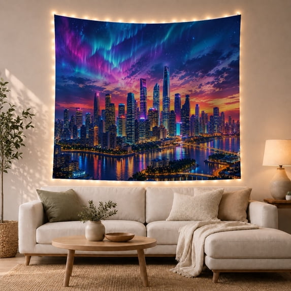 Futuristic Cityscape Night with Numerous Tall Skyscrapers, Mystical Fantasy for Space Lovers, Wall Decor, Housewarming Gift, Tapestry Wall Hanging for Dorm and Living Room