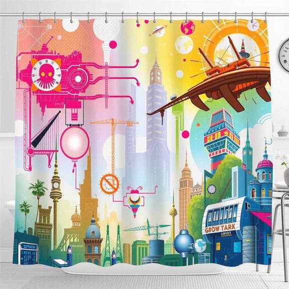 Futuristic Cityscape Shower Curtain - Colorful Design