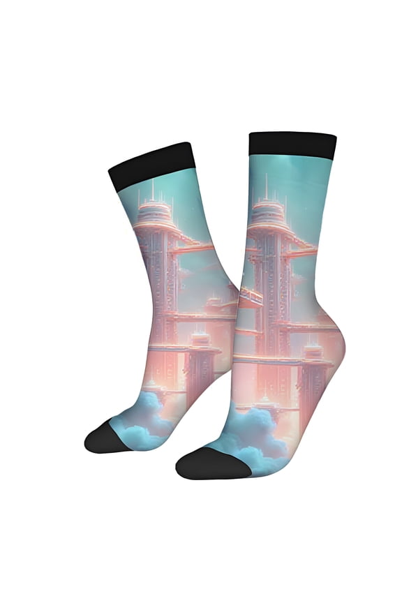 Futuristic Cityscape Socks (2 Pairs) - Vibrant Design on Pastel Sky Unisex Trendy Mixed Color Socks for All Seasons