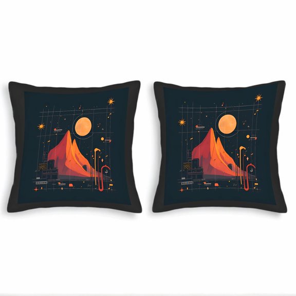 Futuristic Cityscape Throw Pillow Covers 18x18in Set of 2 - Vibrant Retro Design with Moon Stars & Musical Notes for Couch Bed Car