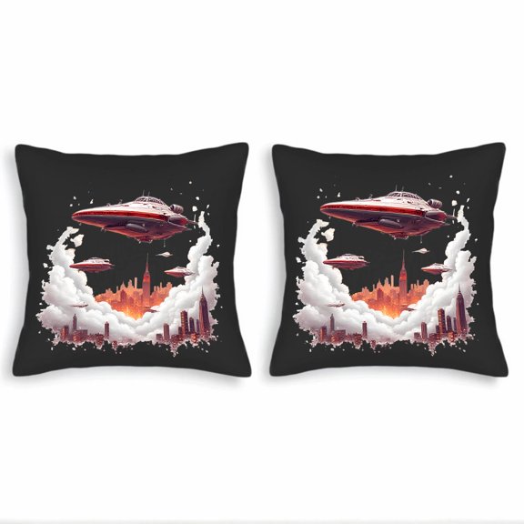 Futuristic Cityscape Throw Pillow Covers - Set of 2 18x18in Featuring Dramatic Skyscrapers & Sleek Spacecraft Design for Couch Bed Car