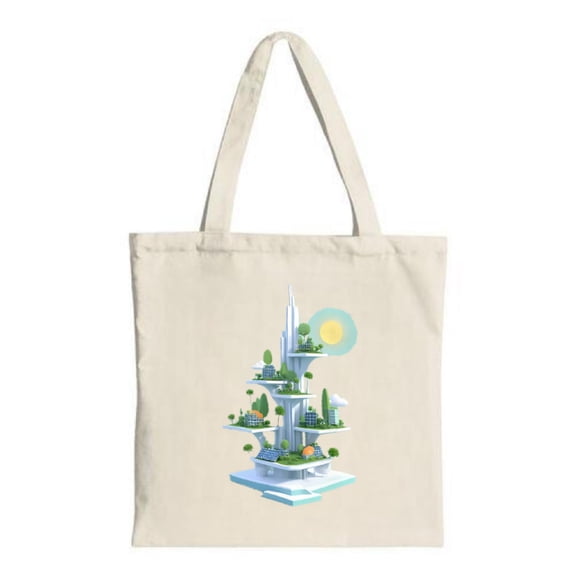 Futuristic Cityscape Tote Bag - Multi - Level Skyscrapers & Greenery Bright Sun Light Blue & Yellow Perfect for Shopping & Travel