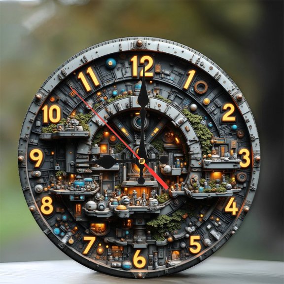 Futuristic Clock Cityscape Wall Art Home Decor 10-Inch Silent Wooden Wall Clock, Battery Operated (AA Batteries Not Included), Artistic Home Decor