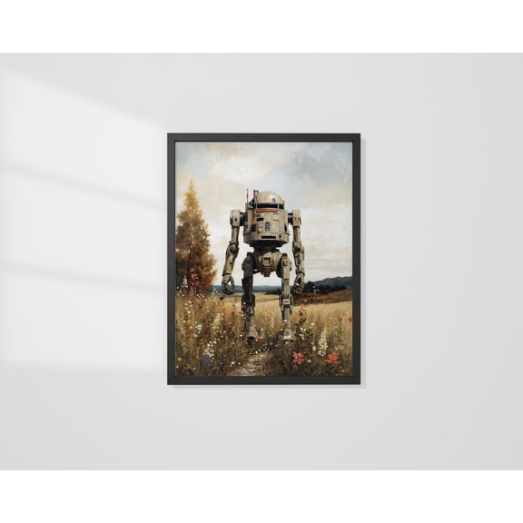 Futuristic Clunky Robot in Landscape Retro Scifi Wall Art Home Decor, Unframed Paper Poster 11x14in