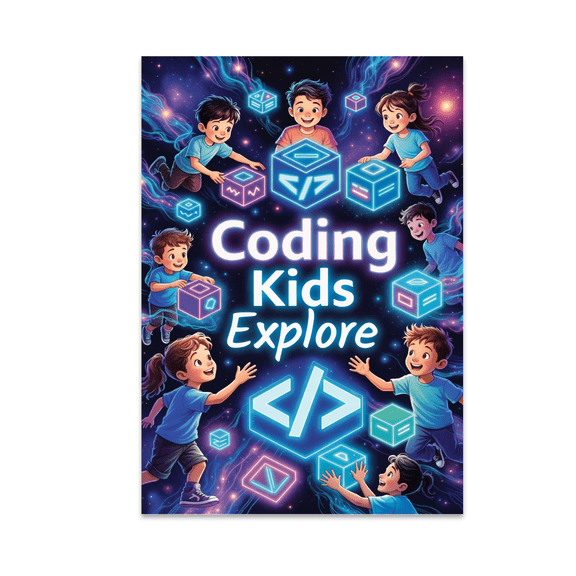 Futuristic Coding Art - Kids Exploring Galaxy Code Blocks - 13x19 Poster Print