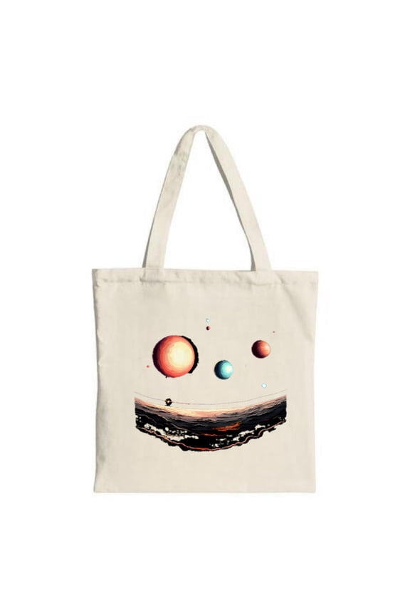 Futuristic Cosmic Scene Tote Bag - Colorful Planets & Celestial Bodies on Dark Wavy Landscape Perfect for Shopping & Travel