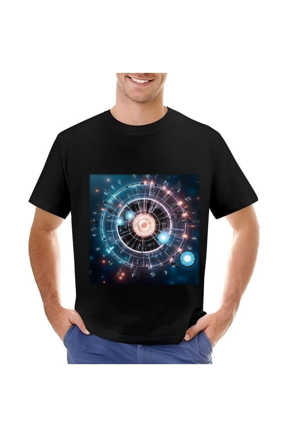 Futuristic Cotton Short Sleeve T-Shirt for Men - Intricate Circuitry & Design with Glowing Core Sci - Fi Aesthetic