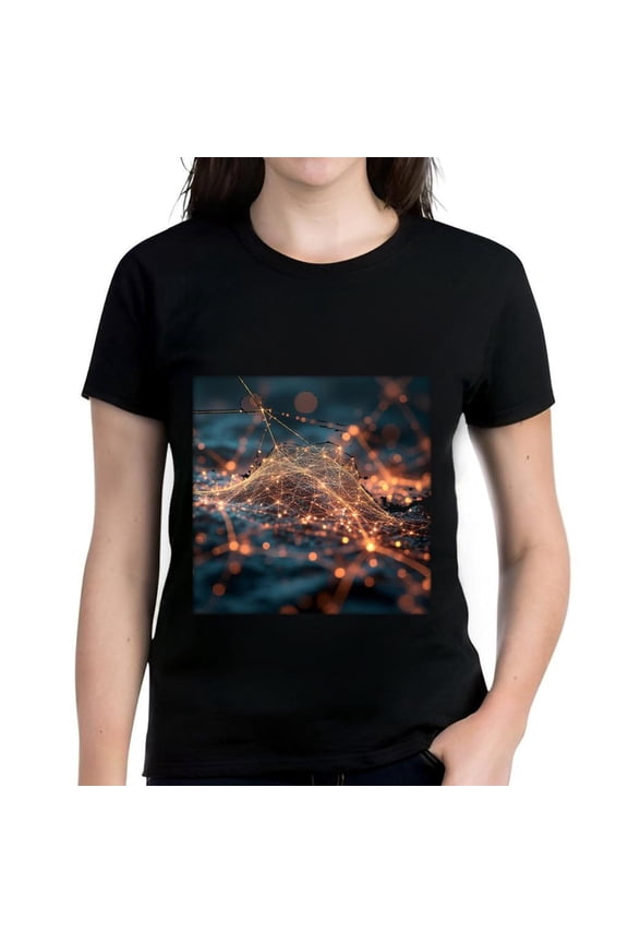 Futuristic Cotton Short Sleeve T-Shirt for Women - Glowing Lines & Nodes Pattern Design Digital Aesthetic Perfect for Tech Lovers