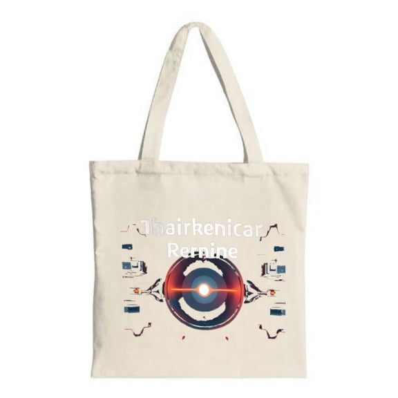 Futuristic Cream Tote Bag with Glowing Circular Design ' Chairneicars Reine ' Symmetrical Pattern Red & Blue Accents Perfect for Shopping & Travel