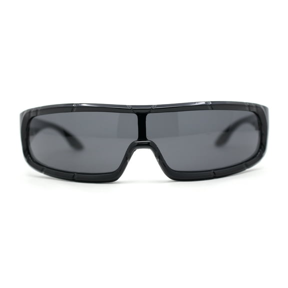 Futuristic Cyber Narrow Rectangle Shield Plastic Sunglasses All Black