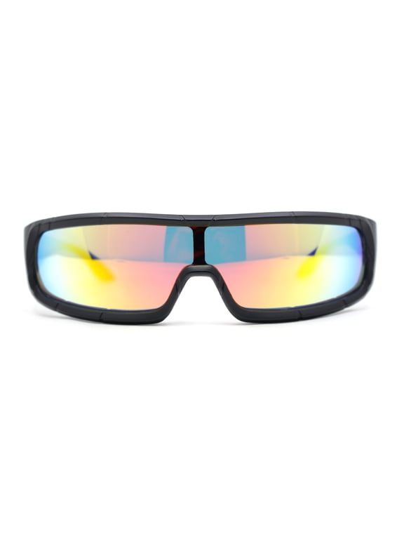 Futuristic Cyber Narrow Rectangle Shield Plastic Sunglasses Matte Black - Orange Mirror