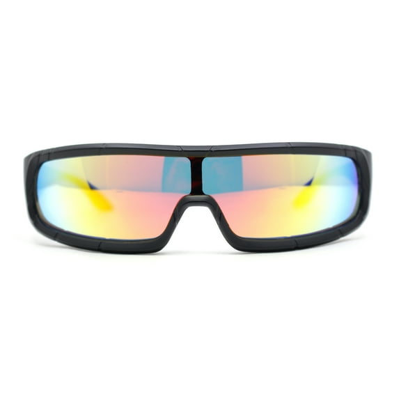 Futuristic Cyber Narrow Rectangle Shield Plastic Sunglasses Matte Black - Orange Mirror
