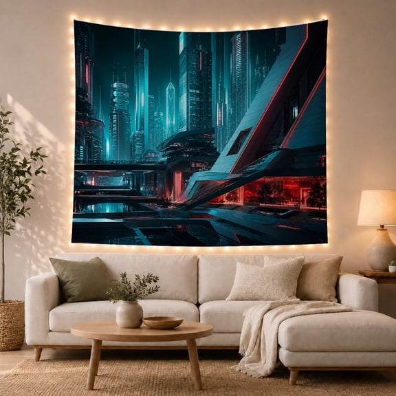 Futuristic Cyberpunk Cityscape With Glowing Teal and Red Lights, Energetic Digital Art for Gamers, Neon Lit Urban Wall Decor, Back to School Gift Tapestry Wall Hanging for Bedroom and Gaming Room