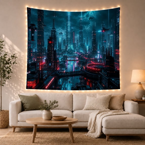 Futuristic Cyberpunk Cityscape With At Night, Mystical Fantasy for Space Lovers, Galaxy Room Decor Room Accent, Graduation Gift, Tapestry Wall Hanging for Bedroom and Dorm