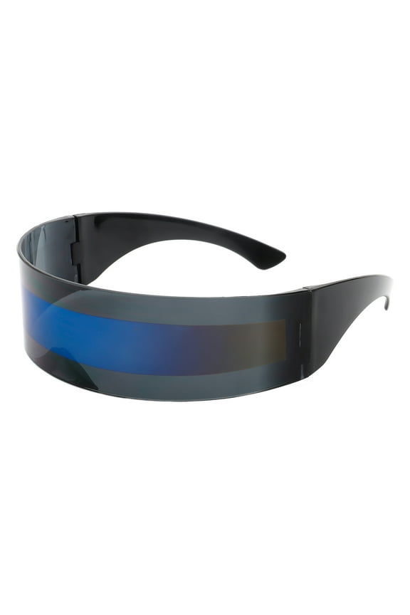 Futuristic Cyclops Shield Robot Sunglasses Black, Blue Mirror Mono Lens UV400