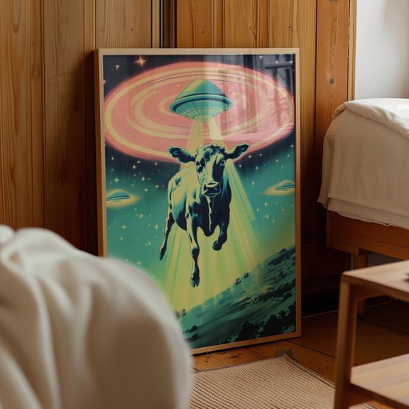Futuristic Decor 1950s Scifi UFO Gift Space Age Wall Art Cow Abduction