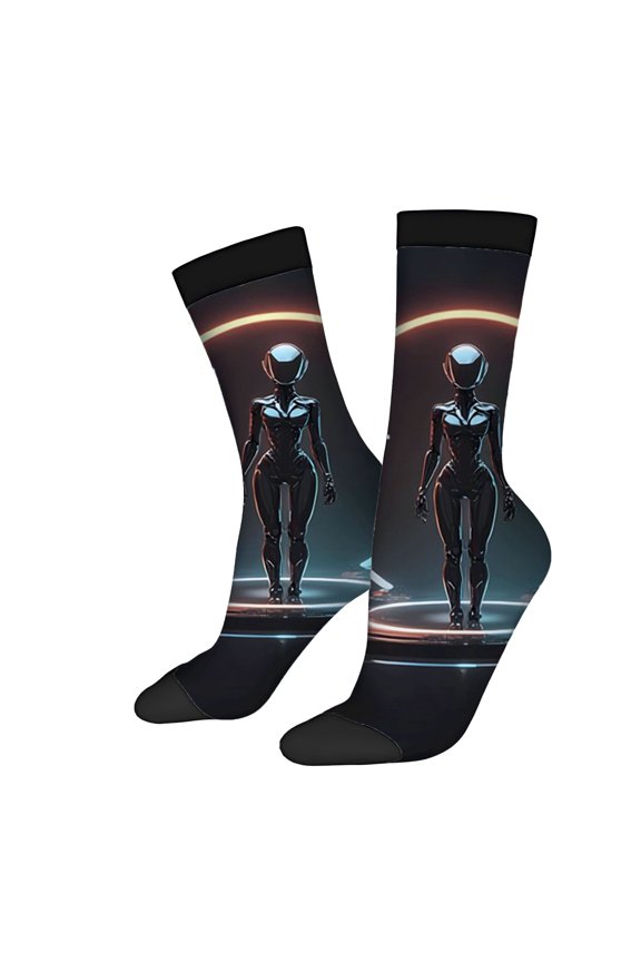 Futuristic Design Socks - 2 Pairs of Unisex Trendy Socks with Glowing Robot Pattern on Dark Background Perfect for All Seasons