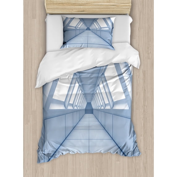 Futuristic Duvet Cover Set, Corridor Futuristic Spaceship Inside Technology Modern Building Indoor Art Print, Decorative 2 Piece Bedding Set with 1 Pillow Shams, Twin Size, White, by Ambesonne