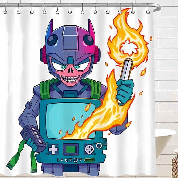 Futuristic -Faced Robot Shower Curtain - Teal & Purple with Flaming Torch Design