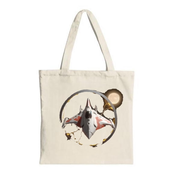 Futuristic Fighter Jet Tote Bag - White & Red Design with Fiery Circular Outline Perfect for Shopping Travel & Parties