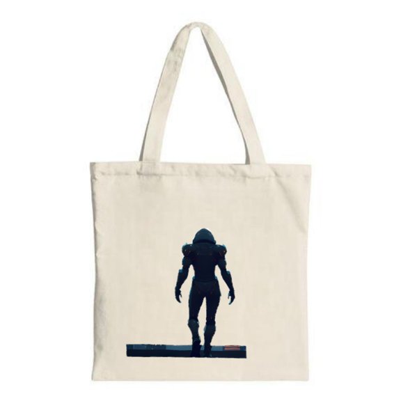 Futuristic Figure Tote Bag - Canvas Multifunctional Reusable Shopping Bag with a striking helmeted figure design perfect for travel and parties