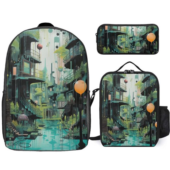 Futuristic Floating City Backpack Bookbag Students Bags S Rucksack Lunch Bag Pen Bag Three-Piece Set