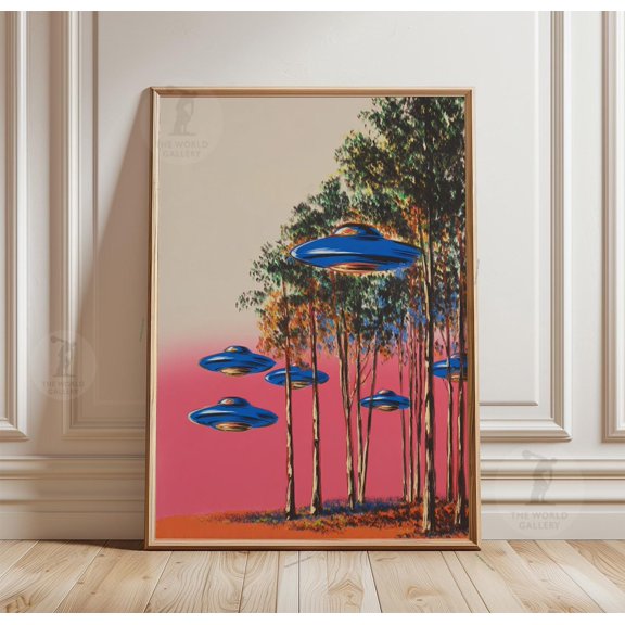 Futuristic Forest Poster UFO Landscape Wall Art Surreal Sci Fi Illustration Modern Nature
