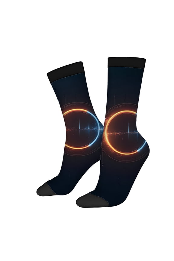 Futuristic Four Seasons Universal Socks (2 Pairs) - Unisex Trendy Mixed Color Design with Glowing Orange Circular Patterns and Digital Lines
