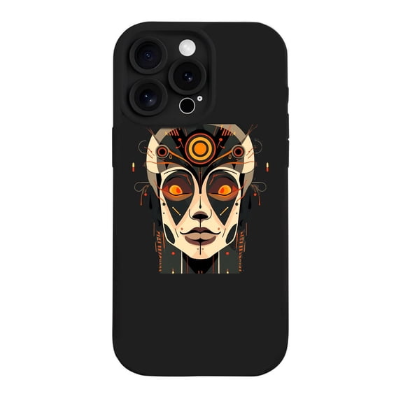Futuristic Geometric Face Design iPhone 15 Pro Case - Lightweight Yellowing Resistant Vibrant Colors 3 Camera Lenses Cybernetic Style