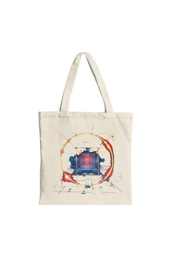 Futuristic Geometric Tote Bag - Abstract Design with Glowing Square Circular Frame and Digital Background - Perfect for Shopping & Travel