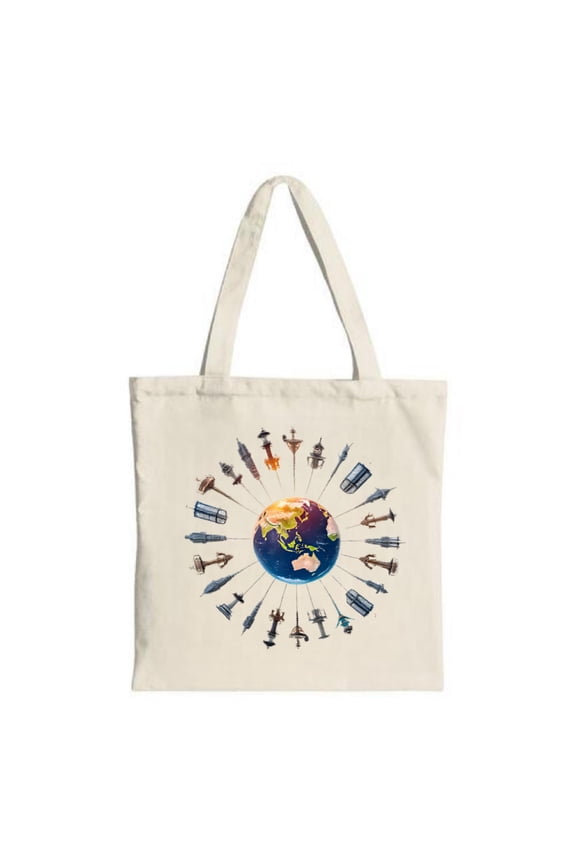 Futuristic Globe Tote Bag - Canvas Reusable Shopping Bag with Architectural Structures Perfect for Travel Parties & Shopping