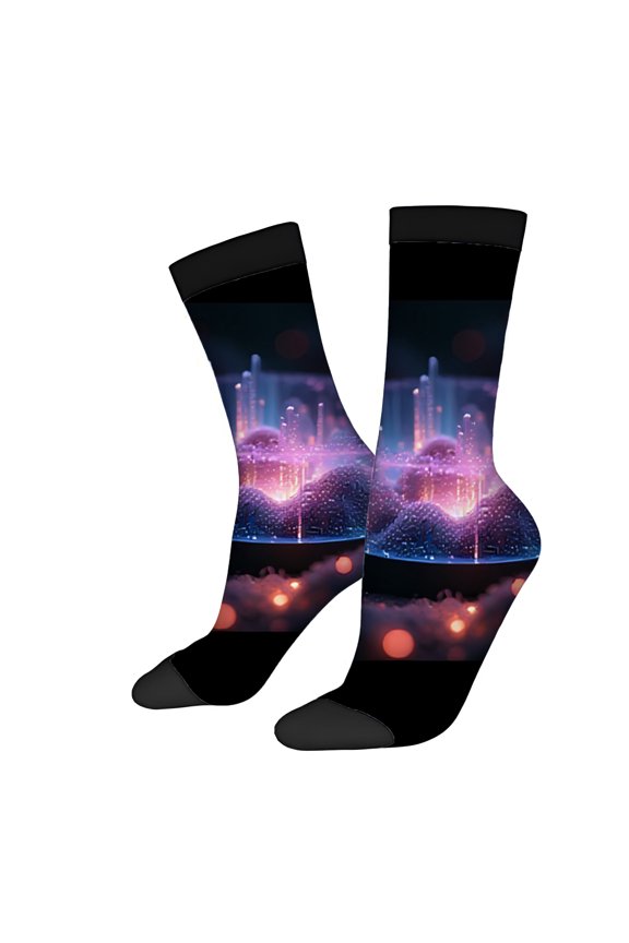 Futuristic Glowing Pattern Socks (2 Pairs) - Unisex Trendy Mixed Color Design for All Seasons - Vibrant Blue Purple & Red Board Style