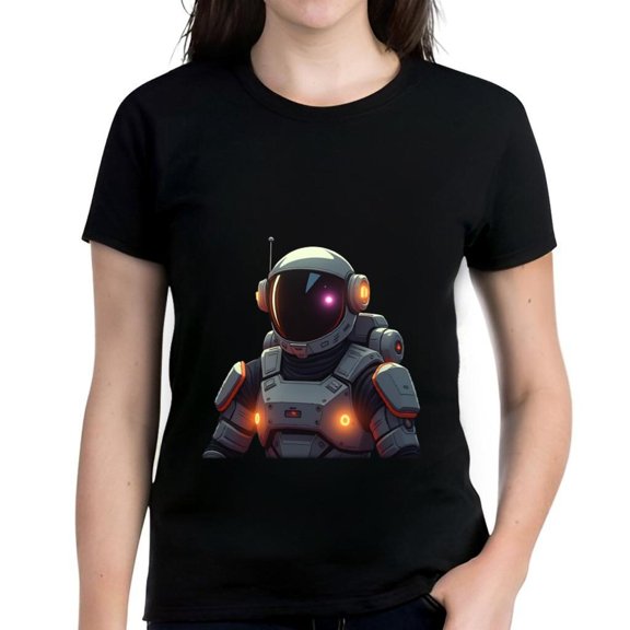 Futuristic Graphic Cotton Short Sleeve T-Shirt for Women - Sci - Fi Space Design with Reflective Visor & Orange Accents