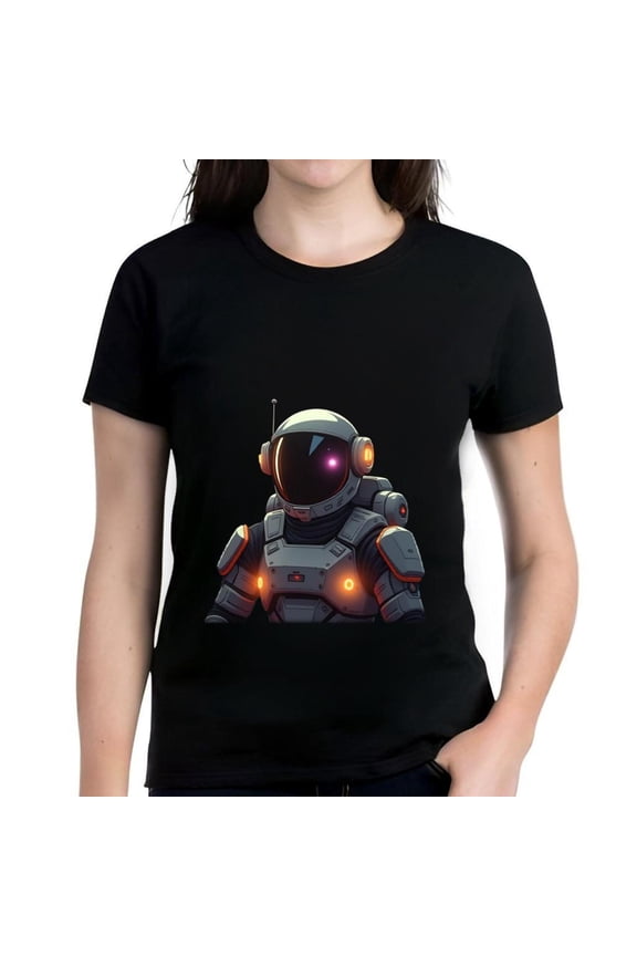 Futuristic Graphic Cotton Short Sleeve T-Shirt for Women - Sci - Fi Space Design with Reflective Visor & Orange Accents