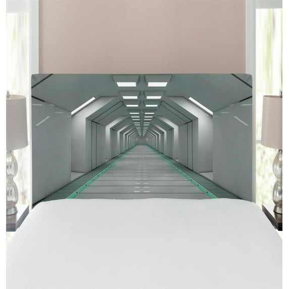 Futuristic Headboard, Sci-Fi Corridor Inside Space Station Ship Laboratory Technology Fiction Picture Art, Upholstered Decorative Metal Bed Headboard with Memory Foam, Twin Size, Green, by Ambesonne