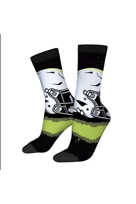 Futuristic Helmet Design Socks - 2 Pairs Unisex Trendy Mixed Colors Modern Sporty Look with Black Base & Green Stripe