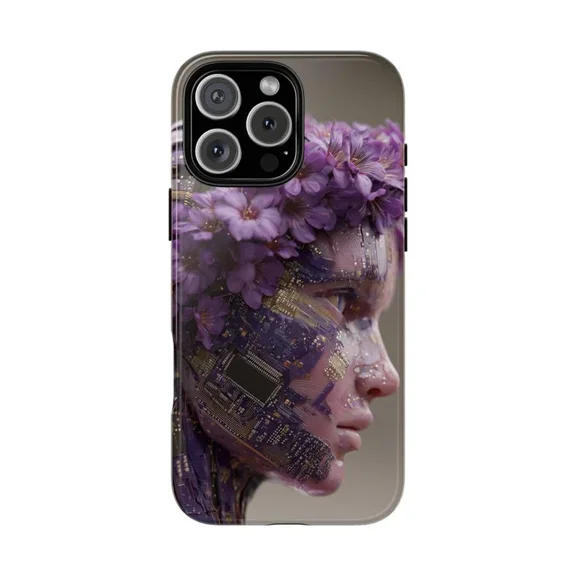 Futuristic Human Circuit Android Flower Art Protective Case for iPhone 11 12 13 14 15 16 17 Pro Max