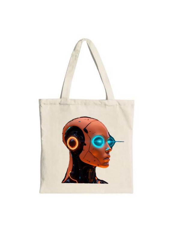 Futuristic Humanoid Robot Head Tote Bag - Sleek Design with Glowing Blue Eyes Perfect for Shopping Travel and Parties