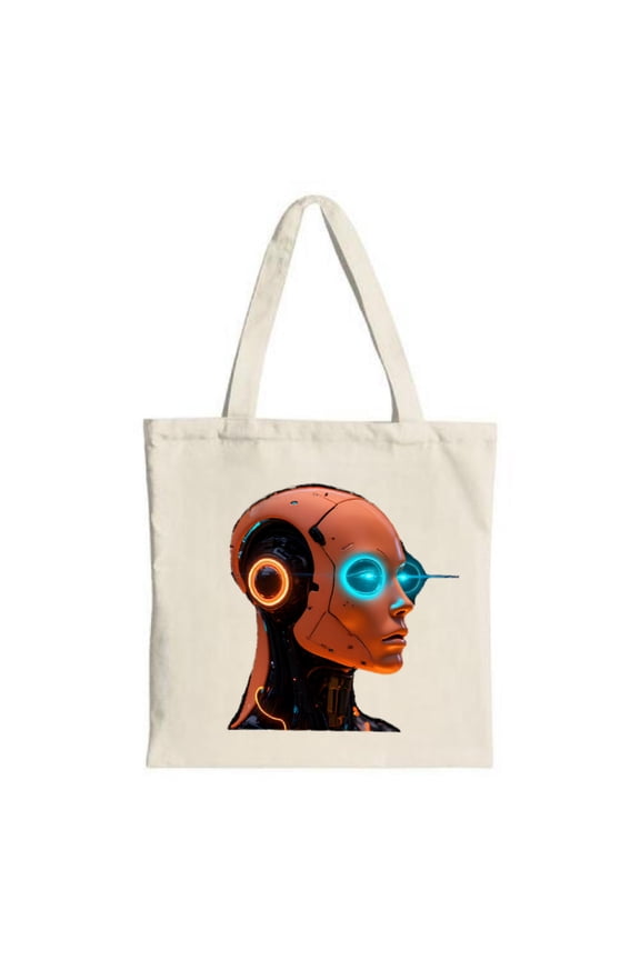 Futuristic Humanoid Robot Head Tote Bag - Sleek Design with Glowing Blue Eyes Perfect for Shopping Travel and Parties