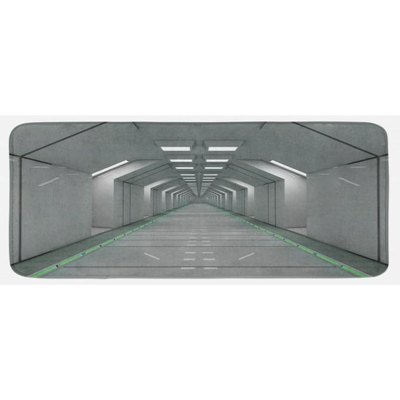 Futuristic Kitchen Mat, Sci-Fi Corridor Inside Space Station Ship Laboratory Technology Fiction Picture Art, Plush Decorative Kitchen Mat with Non Slip Backing, 47" X 19", Green, by Ambesonne