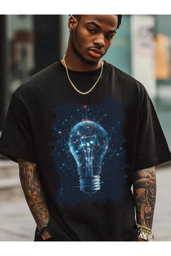 Futuristic Lightbulb Design Men'S Cotton T-Shirt Tech Graphic Printed Tee 100% Cotton Soft And Breathable 220g Crew Neck Short Sleeve Ideal For Everyday Casual Wear