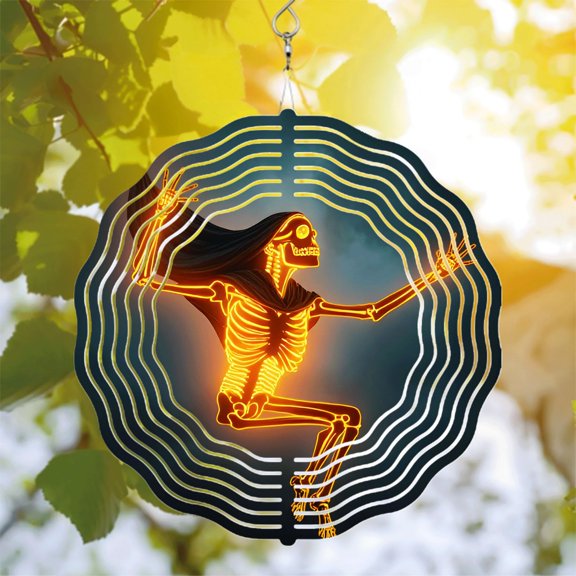 Futuristic Metal Hanging Wind Spinner - Neon Orange Skeleton Design with Dynamic Patterns for Yard & Garden Decor