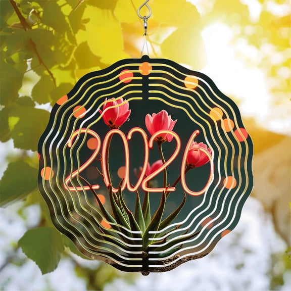 Futuristic Metal Hanging Wind Spinner with Concentric Waves Vibrant Tulips & Neon ' 2026 ' - Perfect for Yard & Garden Decor