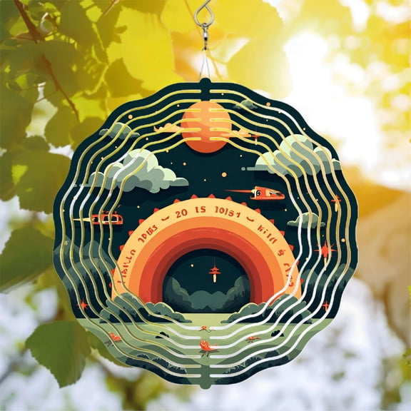 Futuristic Metal Hanging Wind Spinner with Orange Arch Design Rocket Ship and Vibrant Patterns for Yard and Garden Decor