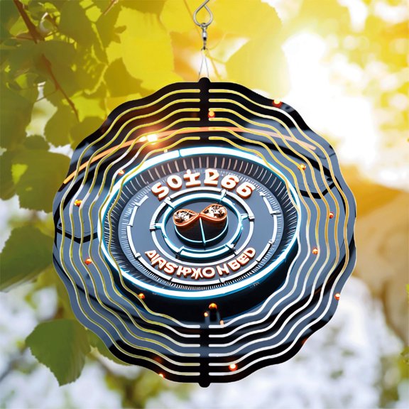 Futuristic Metal Hanging Wind Spinner with Symbol & Concentric Waves - Unique Yard & Garden Decor Blue & Orange Lighting Effects