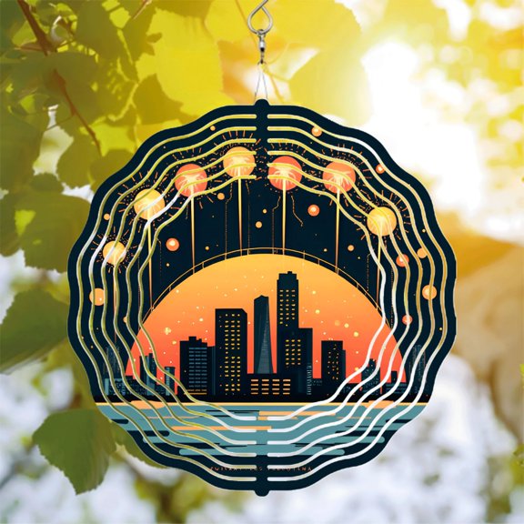 Futuristic Metal Hanging Wind Spinners & Chimes - Vibrant Patterns for Yard & Garden Decor Energy Flow Design Sunset Glow